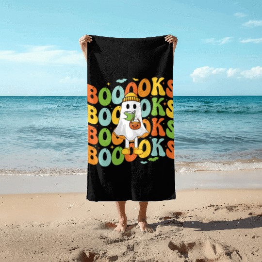 Booooks Cute Ghost Reading A Book Funny Book Lover Beach Towels