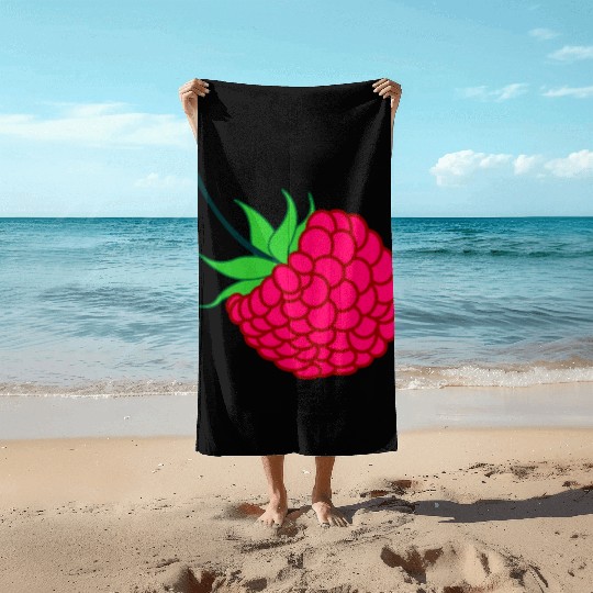 Raspberry red with green leaves Beach Towels