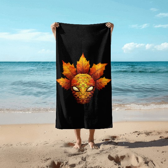 Alien in Autumn Leaves: Colorful Leaf Face Beach Towels