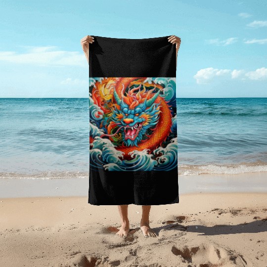 dragon pattern circle pentel color 4 Beach Towels