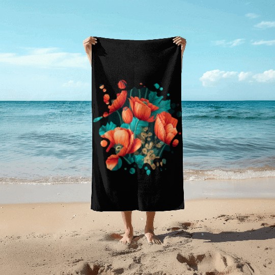 Vintage Poppy Inspired Flower Plant Lover Funny Beach Towels