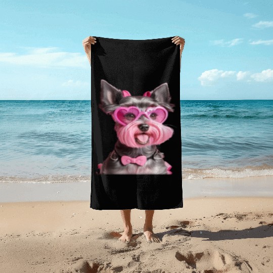 Schnauzer Wearing Pink Bow Tie Beach Towels
