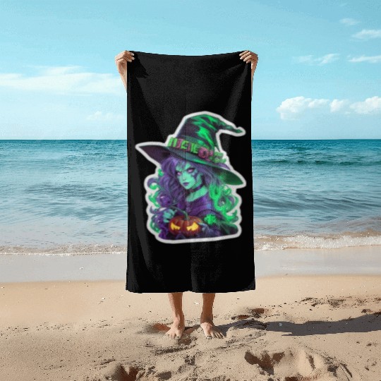 Wicked Witch Halloween Sticker, neon color Beach Towels
