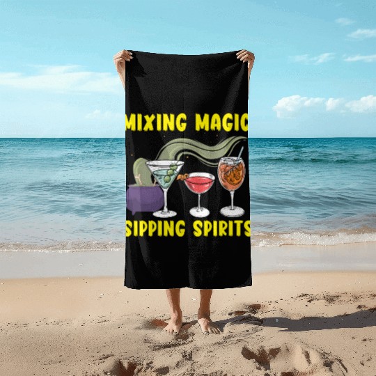 Mixing Magic Sipping Spirits Bartender Halloween Beach Towels