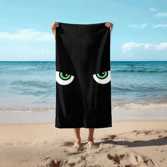 Black Cat Green Eyes | Halloween Cat Lovers Gift Beach Towels