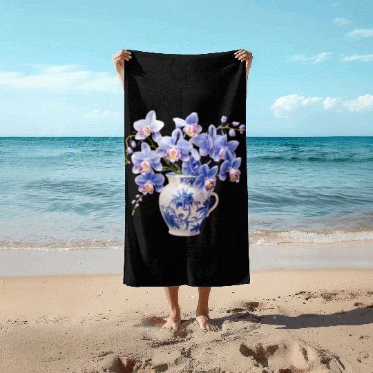 Blue Orchids in a Vase Graphic Beach Towels