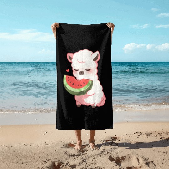 Adorable Kawaii Llama Savoring Sweet Watermelon Beach Towels