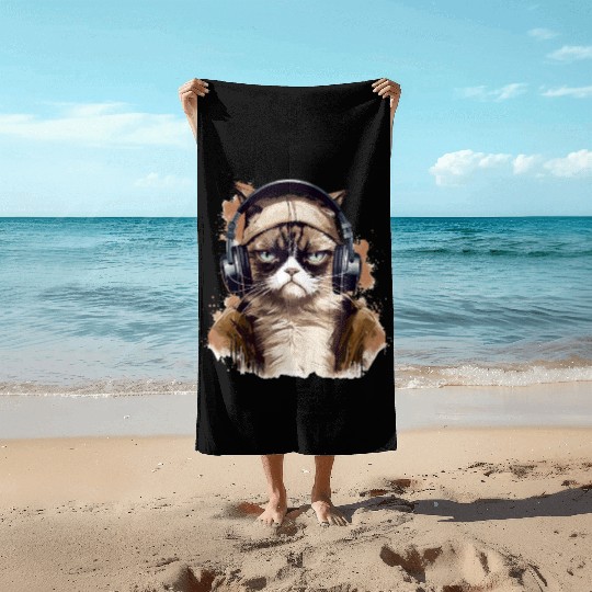 Funny Cat - grumpy face Beach Towels