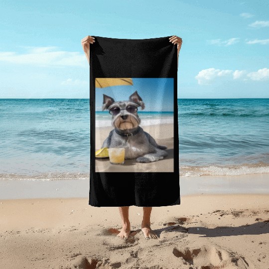 Schnauzer Chilling at Beach with a Drink Beach Towels