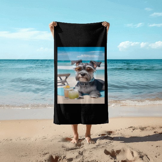 Schnauzer Chilling at the Beach with a Drink Beach Towels