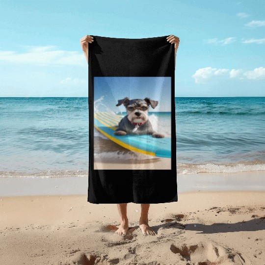 Schnauzer Surfing at Beach On A Surfboard Beach Towels