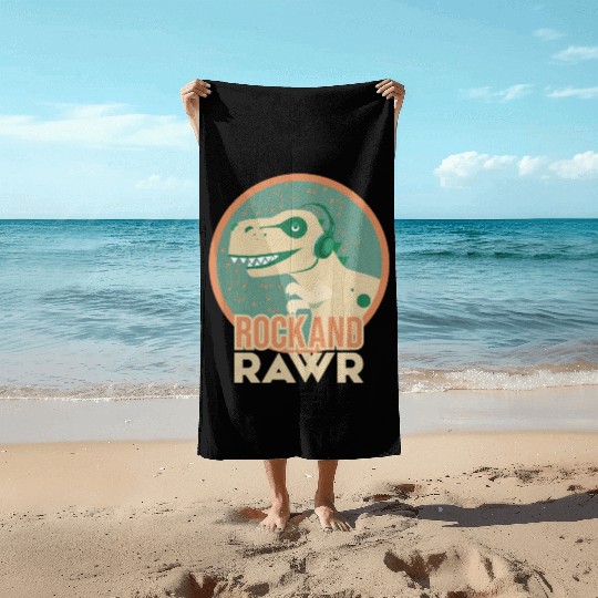 Rock & Rawr Vintage Dinosaur T-Rex Music Japanese Beach Towels