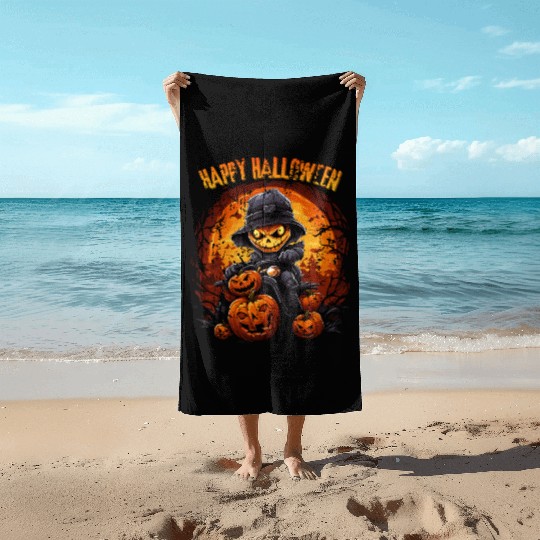 Halloween Pumpkin Riding Motorcycle Rider Beach Towels
