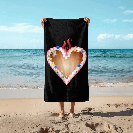 Gingerbread heart folk festival with icing and bow Beach Towels