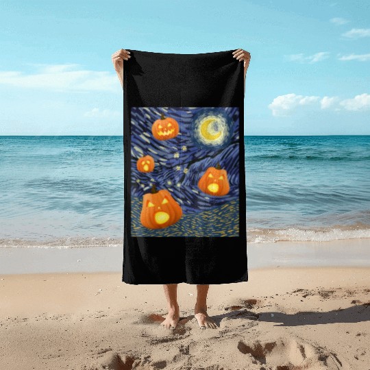 Starry Night with Pumpkins Funny Halloween Art Beach Towels