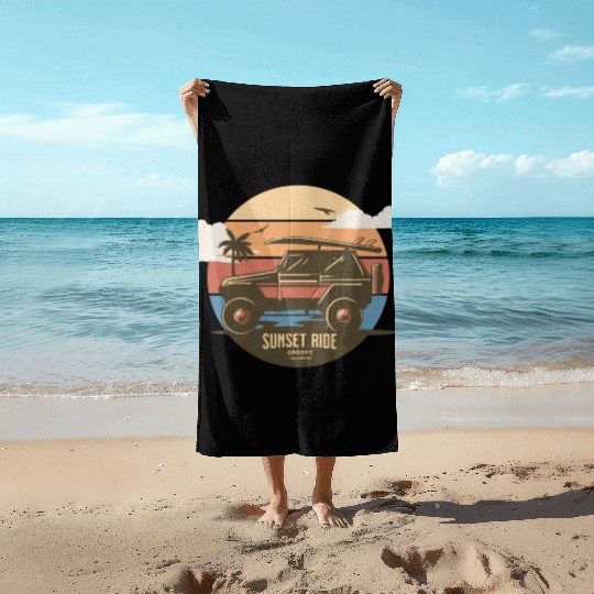 Sunset Ride - Beach Jeep - Groovy California T-Shi Beach Towels