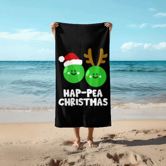 Hap-Pea Christmas Funny Vegetable Vegan Food Pun Beach Towels