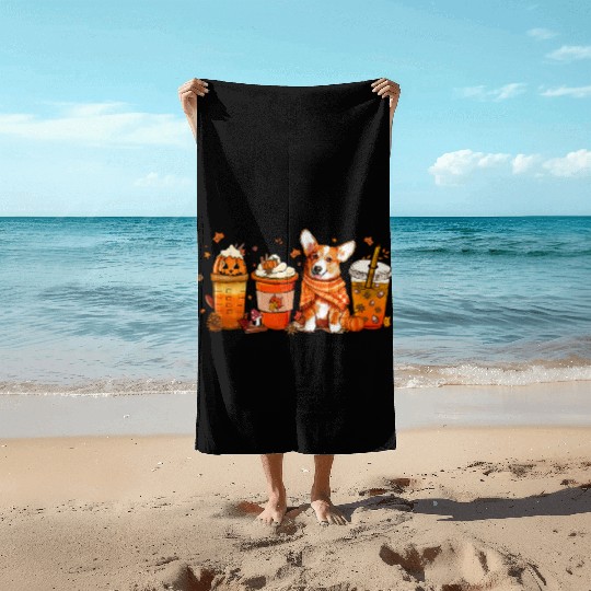 Fall Coffee with Corgi Pumpkin Spice Latte Lovers Beach Towels