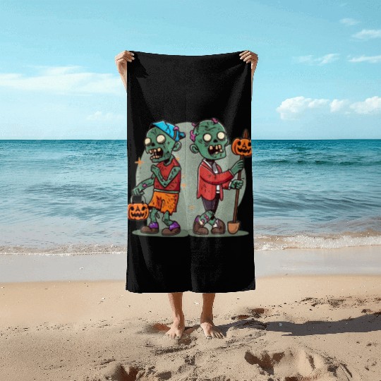 Trick or Treat Zombie Duo Halloween Design Beach Towels