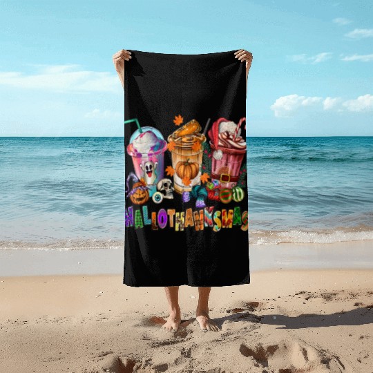 Happy Hallothanksmas Coffee Latte Halloween Beach Towels