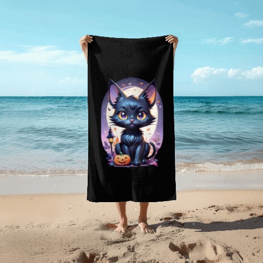 Black Cat With a jack-o-lantern Halloween Design Beach Towels