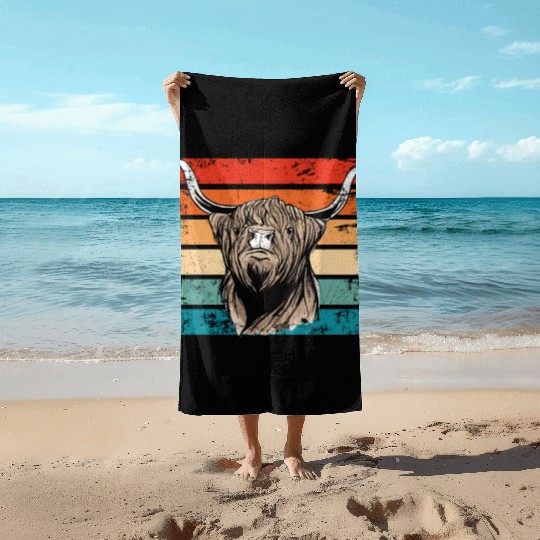 Retro Scottish Highland Cow Outfit Beach Towels