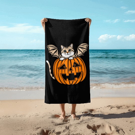 Cute Creepy Cat With Bat Wings Funny Halloween Beach Towels