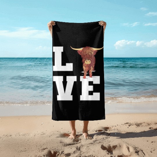 Love Scottish Highland Cow Outfit Beach Towels