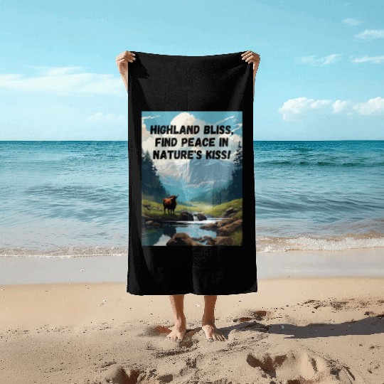 Highland Mountain Landscape with a highland cow Beach Towels