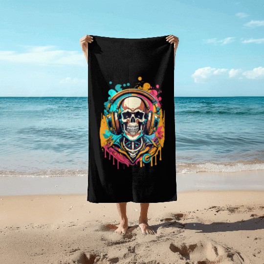 Spooky Graffiti SKull with Headphones Halloween Beach Towels