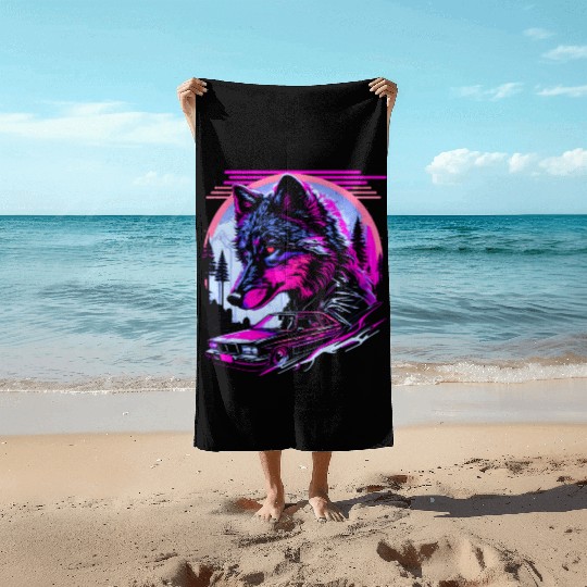 Retro Synthwave Gangster Wolf Beach Towels