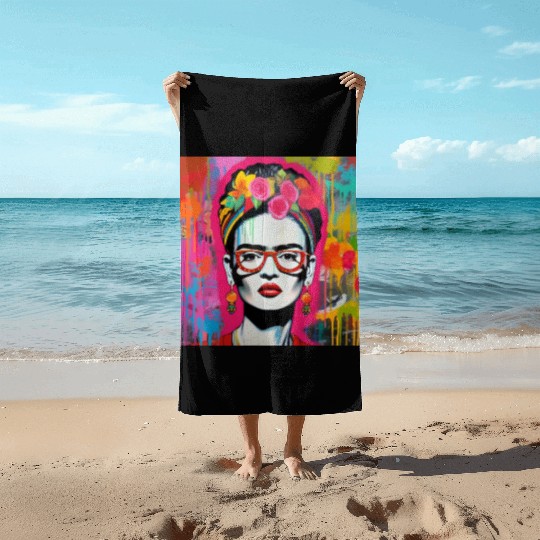 Frida Kahlo style urban art colorfull graffiti Beach Towels