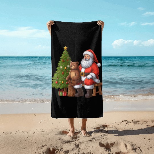 Santa Claus and Bear - Festive Tranquility Beach Towels