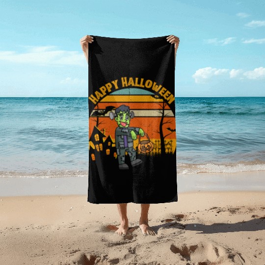 Happy Halloween. Spooky Ghost Skeleton Zombie Witc Beach Towels