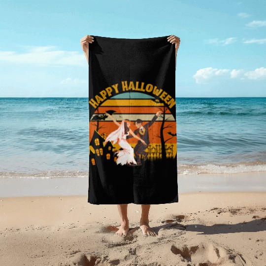 Happy Halloween. Spooky Ghost Skeleton Zombie Witc Beach Towels