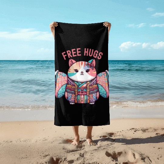 Free hugs from Japanese cat Beach Towels