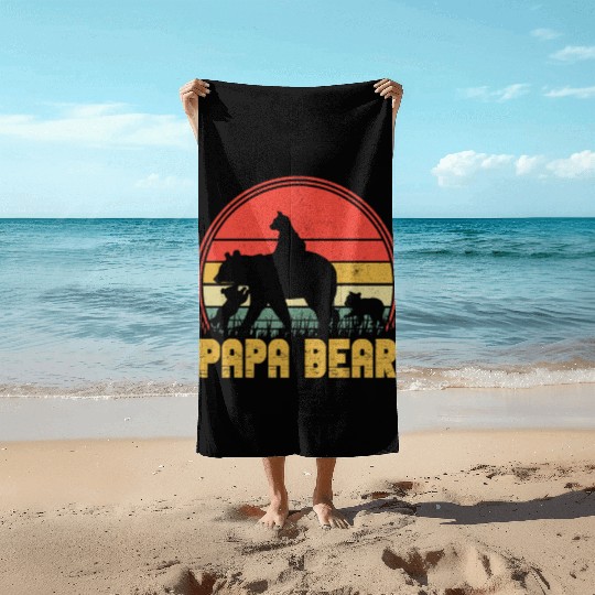 Funny Papa Bear Of Cub 3 Kids Fathers Day Grandpa Beach Towels