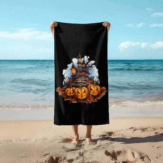 Halloween Pumpkin Bat Spell Haunted House Beach Towels