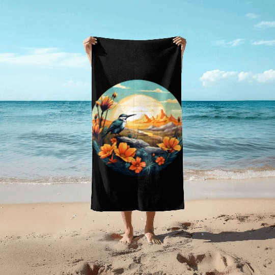 Beautiful Bird And Orange Morning Sunrise Beach Towels
