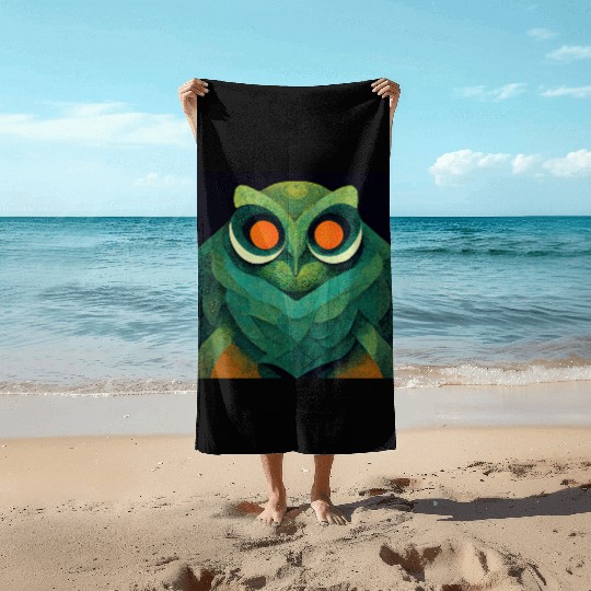 Mod Owl: Feathery Orange-Eyed Owl Beach Towels