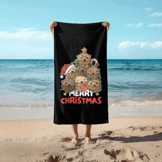 Otter Christmas Tree Merry Christmas Beach Towels