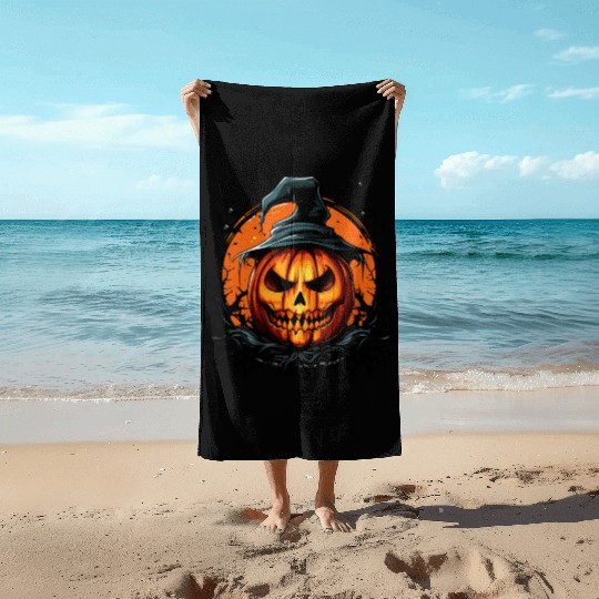 Halloween Magic Spooky Pumpkin With Bat Beach Towels