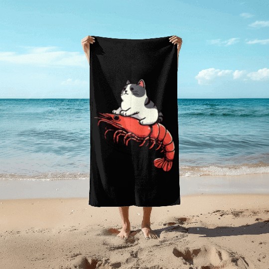 Cat rides shrimp Beach Towels