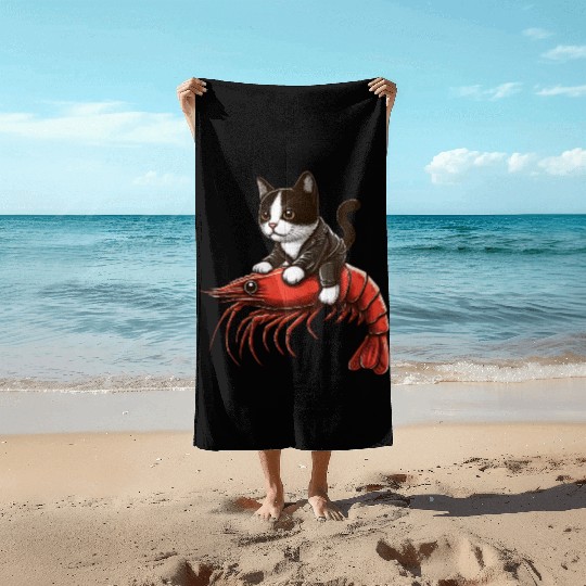 Cat rides shrimp Beach Towels