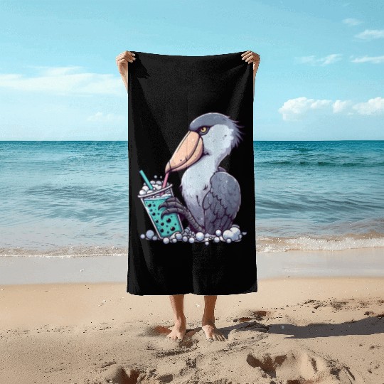 Beaked stork with bubble tea Beach Towels