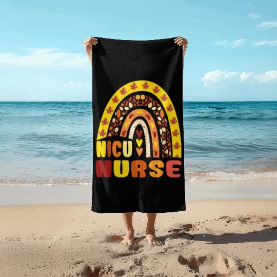 Rainbow Autumn NICU Nurse Maple Leaf Fall Vibes Beach Towels