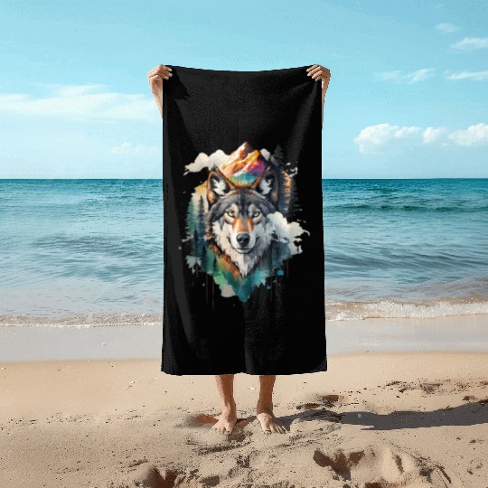 Majestic Mountain Wolf Nature Inspired Artwork Beach Towels