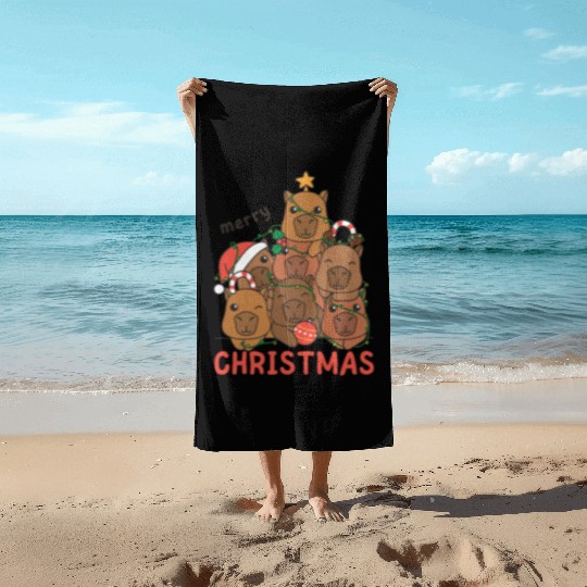Capybara Christmas Tree Merry Christmas Beach Towels