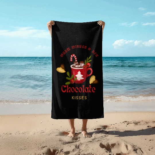 Merry Christmas Warm Wishes and Hot Chocolate Beach Towels