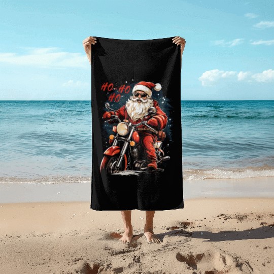 Motorcyclist Santa Claus Motorcycle Christmas Beach Towels